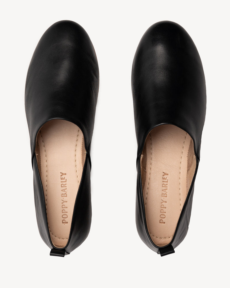 Top view of The At-Leisure Slip-On 2.0 Black in smooth leather. Sizes 5–12, wide available
