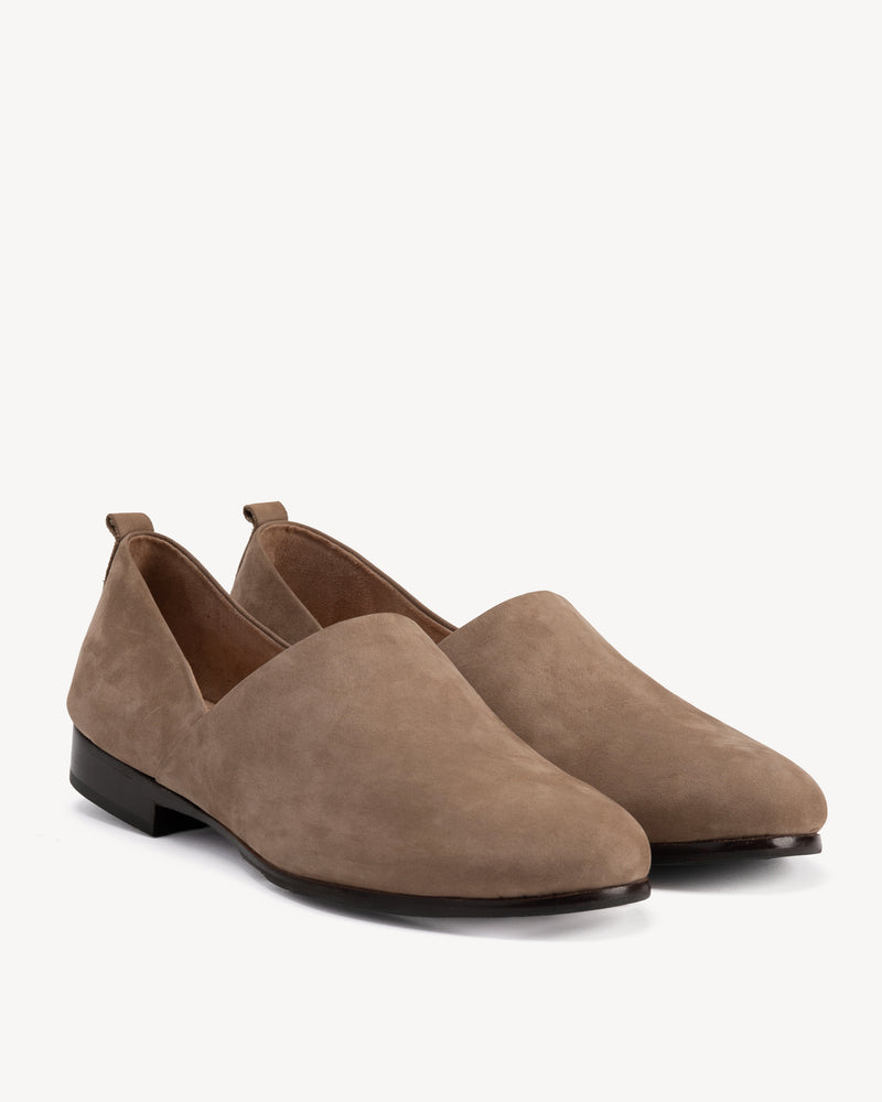 Angled view of The At-Leisure Slip-On 2.0 Clay Nubuck in Neutral, Brown nubuck. Sizes 5–12, wide available