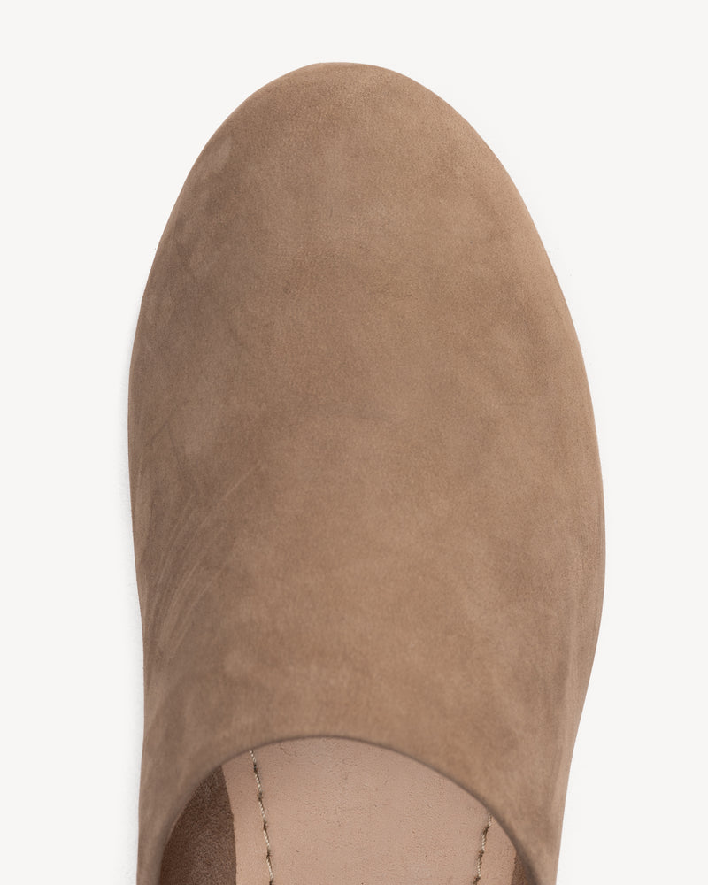 Close-up detail of The At-Leisure Slip-On 2.0 Clay Nubuck in Neutral, Brown nubuck. Sizes 5–12, wide available