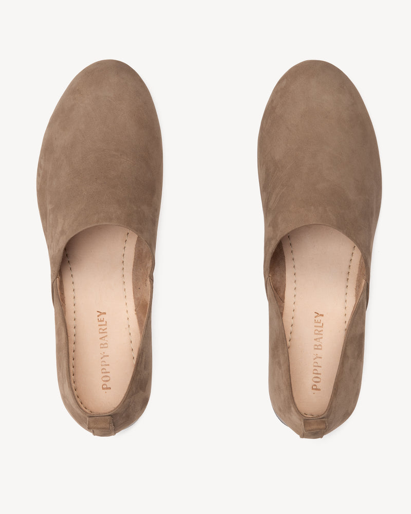 Top view of The At-Leisure Slip-On 2.0 Clay Nubuck in Neutral, Brown nubuck. Sizes 5–12, wide available
