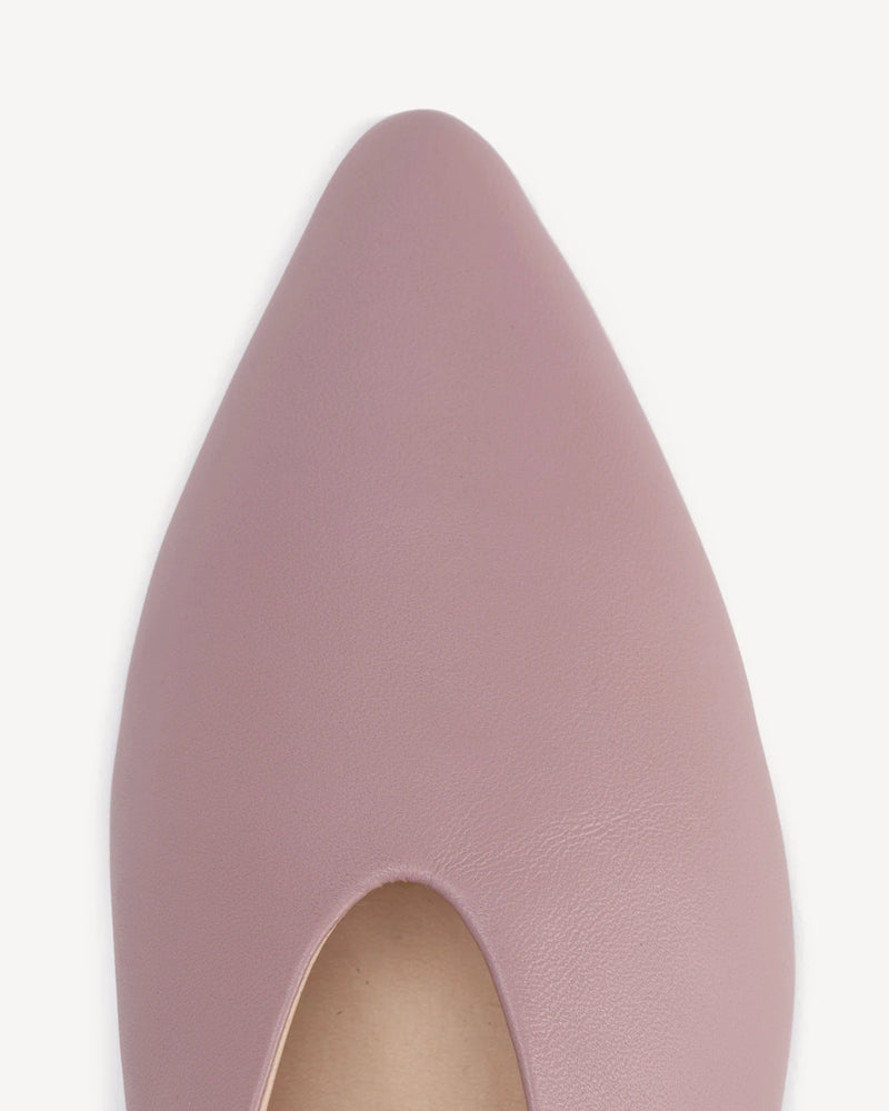 Close-up of the smooth leather pointed toe and topline curve. The Atelier Flat Dusty Mauve. Sizes 5–12.