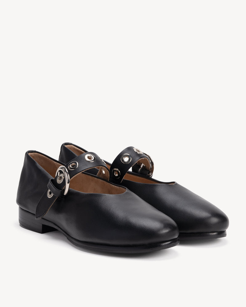 Angled view of The BLVD Mary Jane Black in smooth leather. Sizes 5–12, wide available