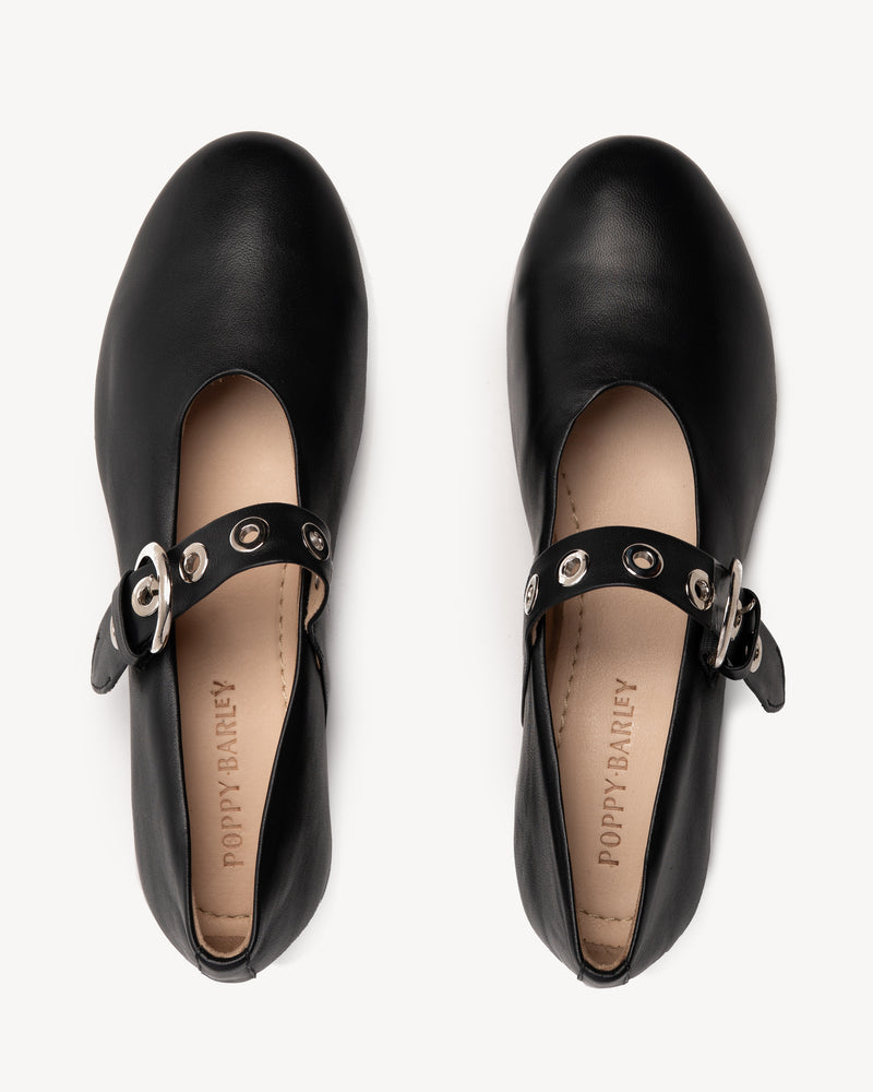 Top view of The BLVD Mary Jane Black in smooth leather. Sizes 5–12, wide available