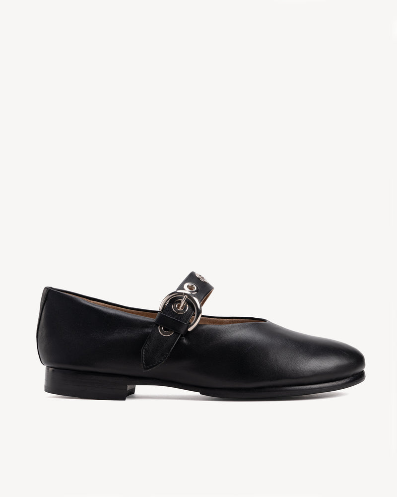Side view of The BLVD Mary Jane Black in smooth leather. Sizes 5–12, wide available