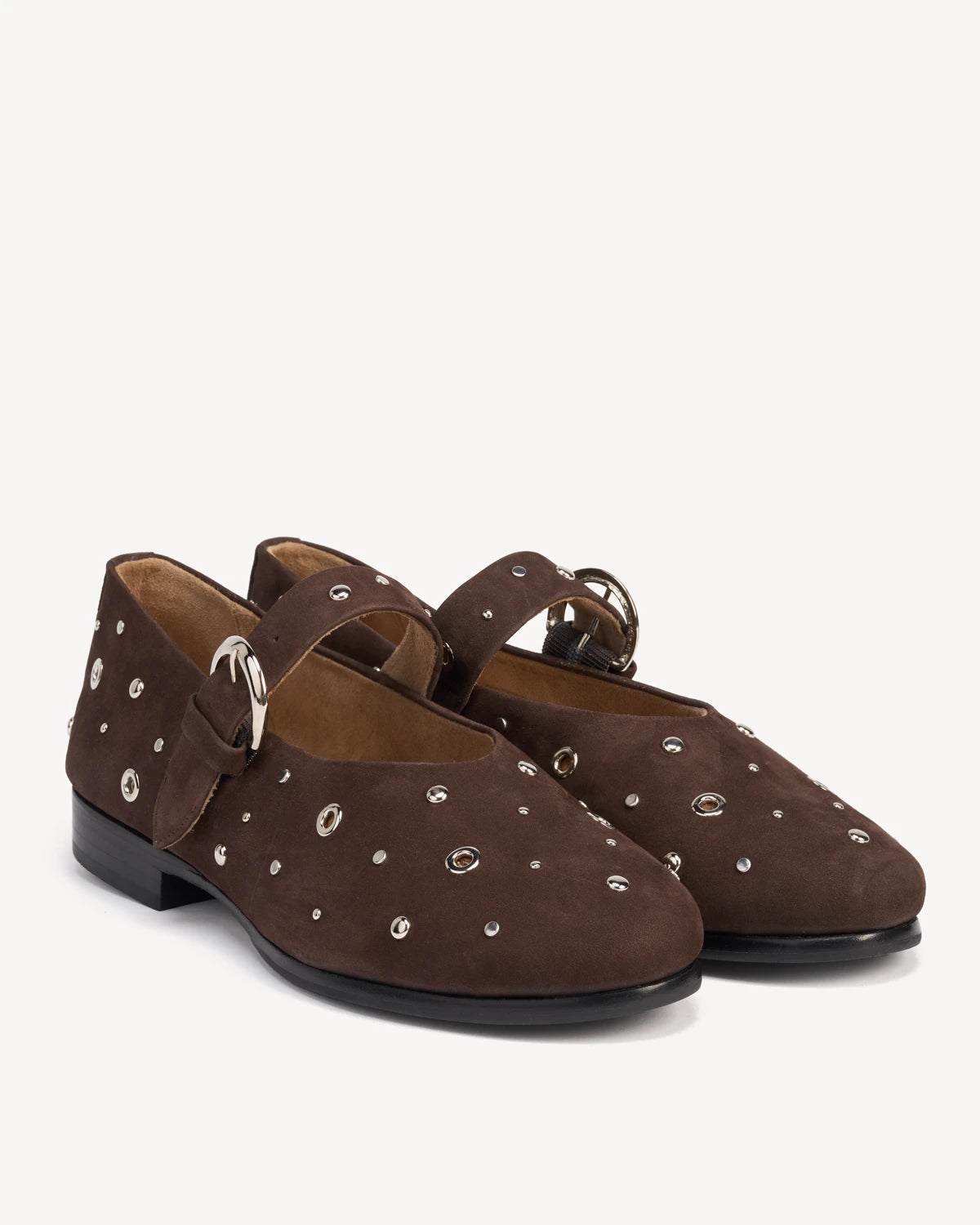 Studded suede mary janes with buckle straps, angled view. The BLVD Mary Jane Cocoa Plum Studded. Sizes 5–12, wide available.