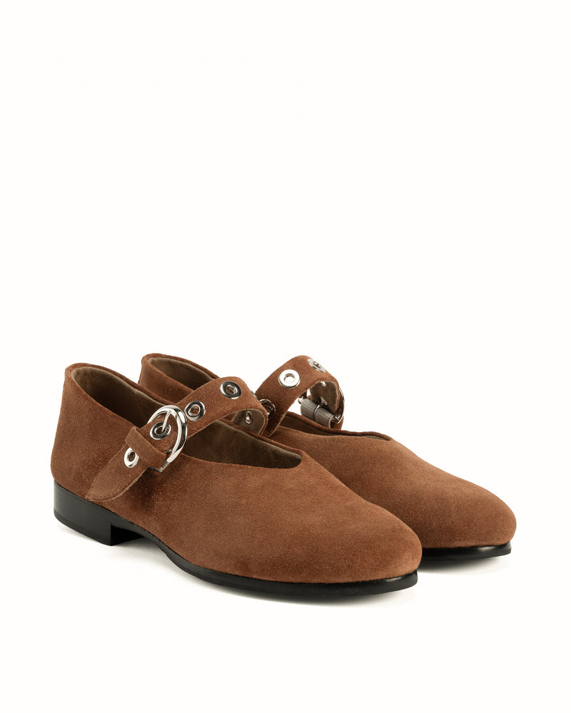 Angled view of The BLVD Mary Jane Hazelnut Suede in Brown suede. Sizes 5–12, wide available