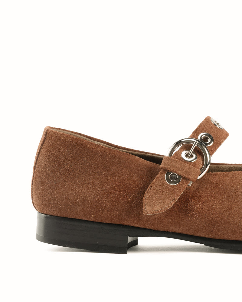 Close-up detail of The BLVD Mary Jane Hazelnut Suede in Brown suede. Sizes 5–12, wide available