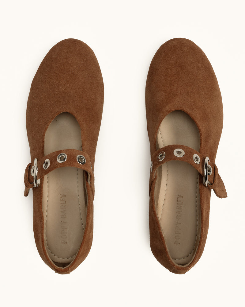 Top view of The BLVD Mary Jane Hazelnut Suede in Brown suede. Sizes 5–12, wide available