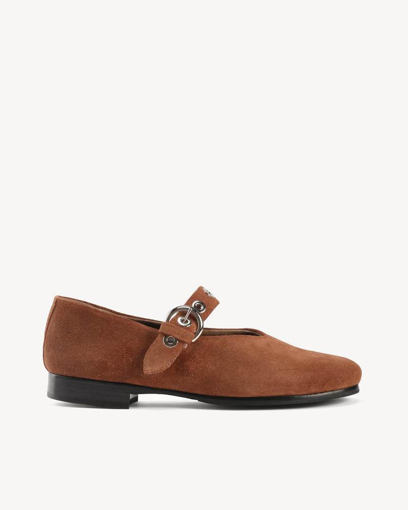 Side view of The BLVD Mary Jane Hazelnut Suede in Brown suede. Sizes 5–12, wide available