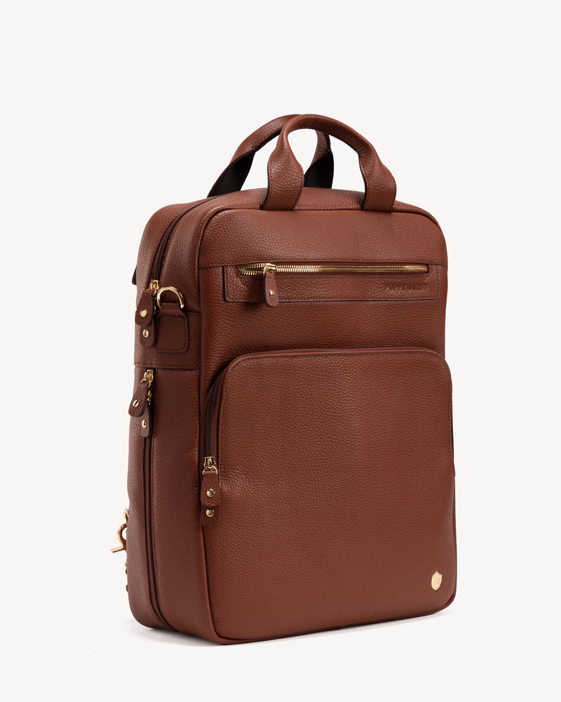 Back view of The Backpack Hazelnut in Brown, Neutral pebbled leather