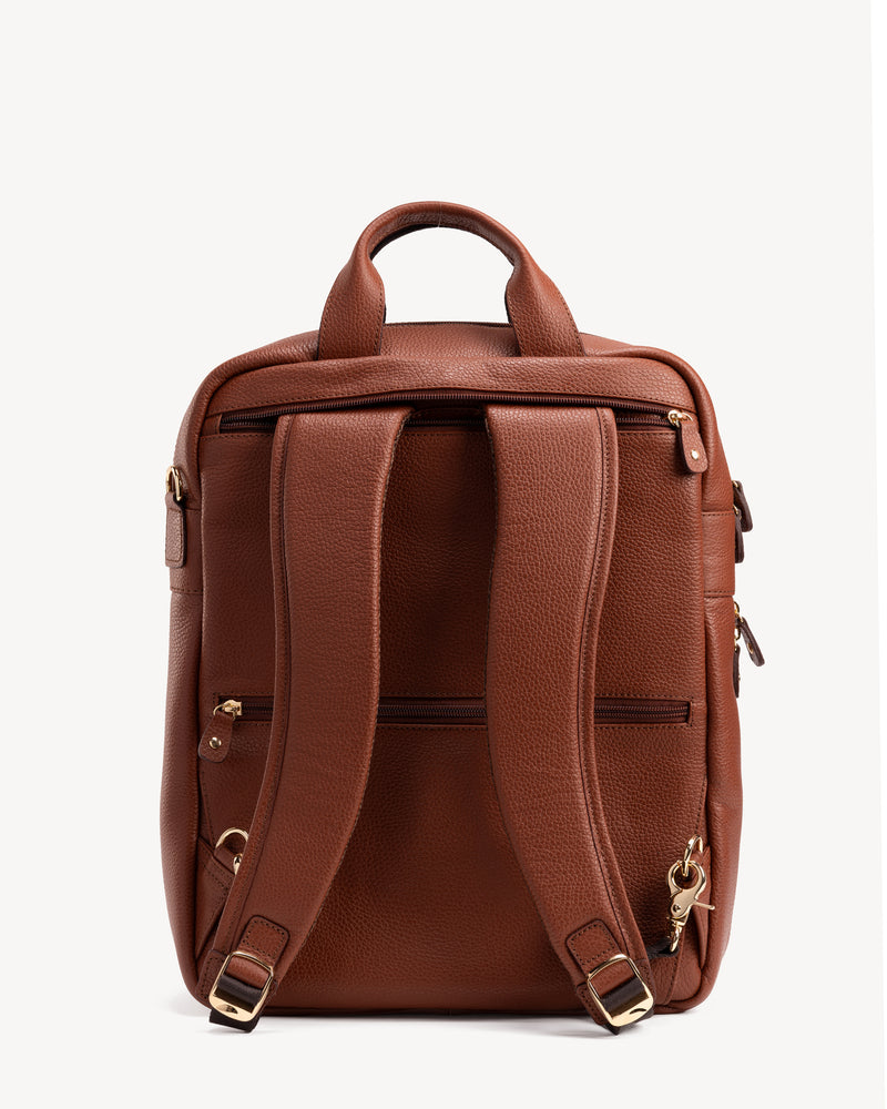 Back view of The Backpack Hazelnut in Brown, Neutral pebbled leather