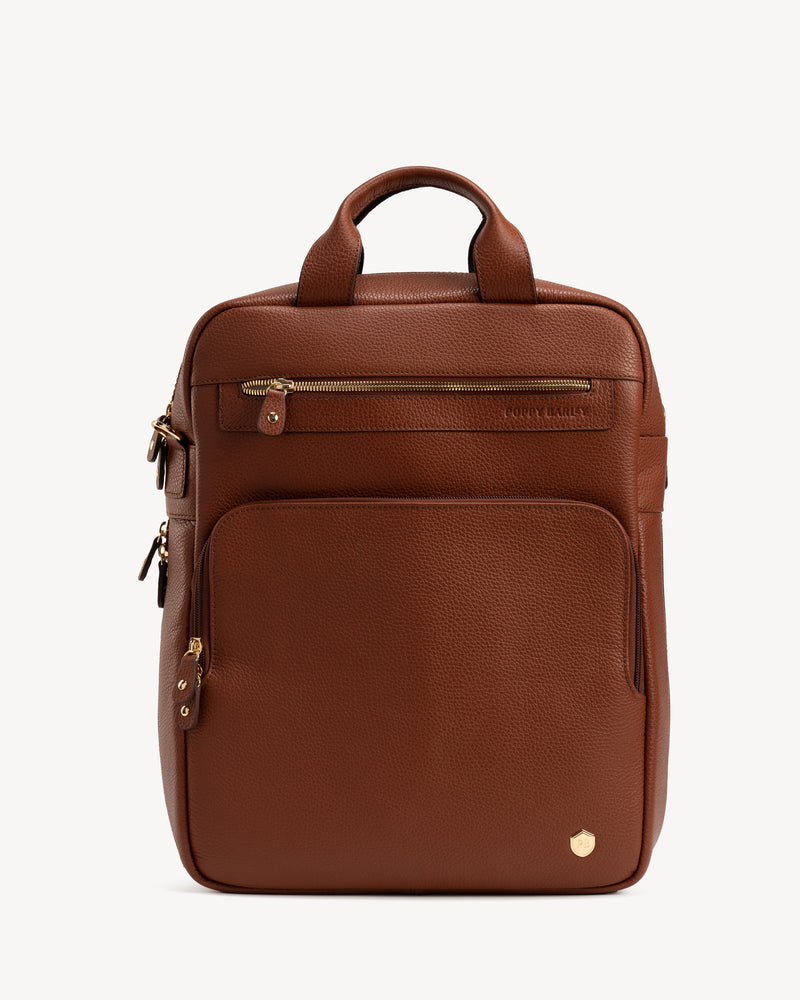 Front view of The Backpack Hazelnut in Brown, Neutral pebbled leather