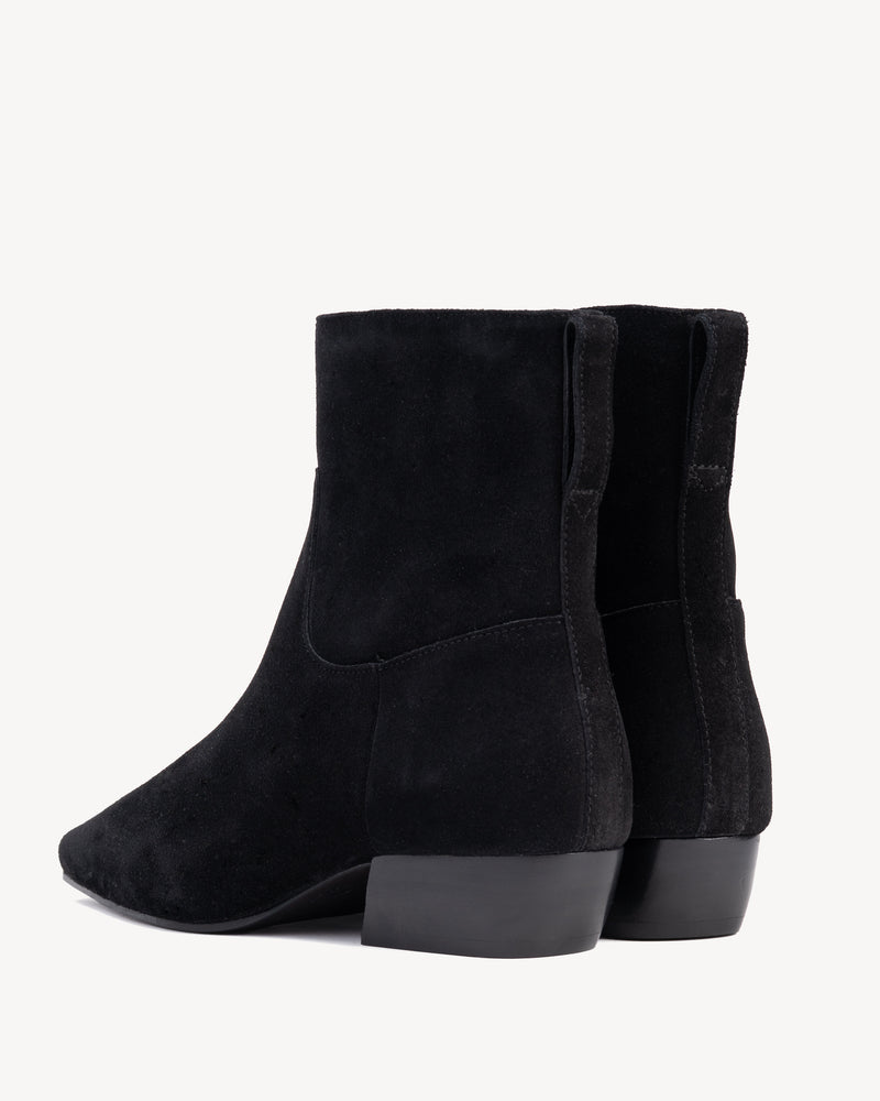 Back view of The Beau Boot Black in suede. Sizes 5–12