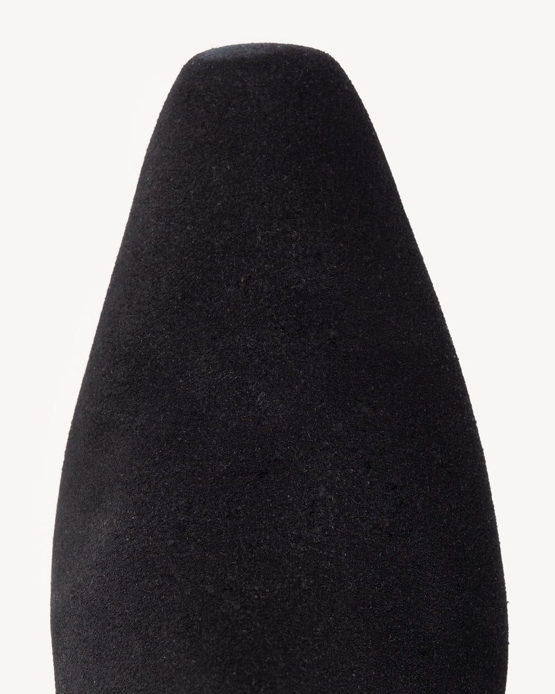 Close-up detail of The Beau Boot Black in suede. Sizes 5–12