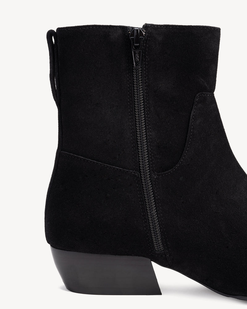 Close-up detail of The Beau Boot Black in suede. Sizes 5–12
