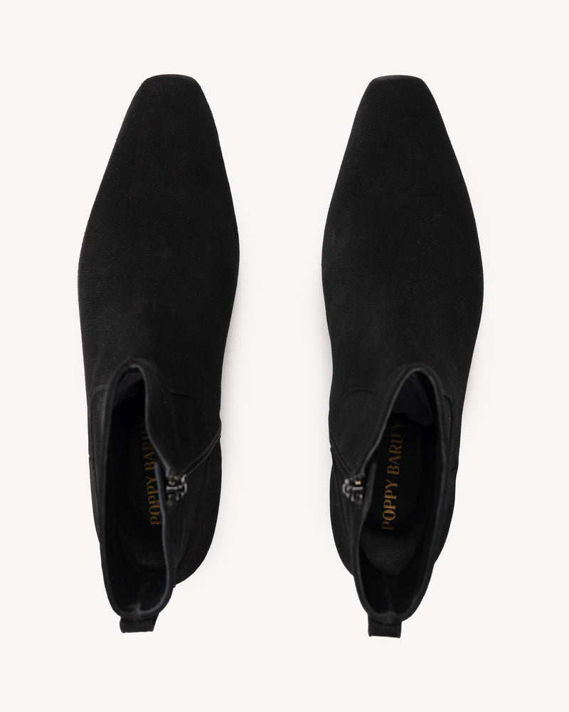 Top view of The Beau Boot Black in suede. Sizes 5–12