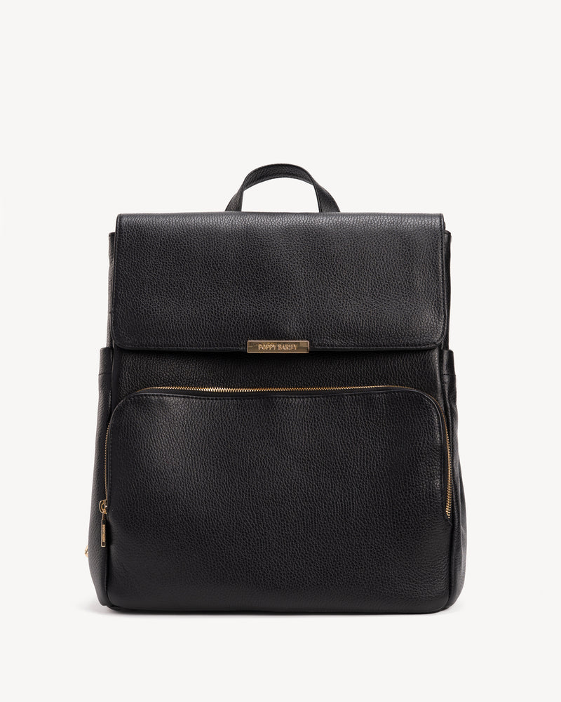 Front view of The Beyond Backpack Black in pebbled leather