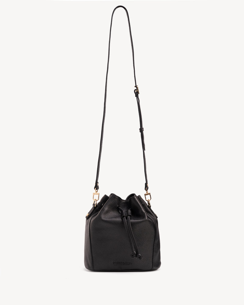 Front view of The Bondi Bucket Bag Black in leather