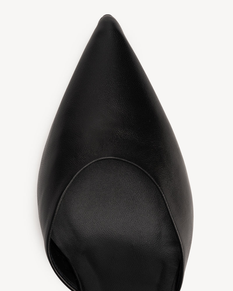 Heel detail of The Claire Kitten Heel Black in Black smooth leather. Sizes 5–12, wide available