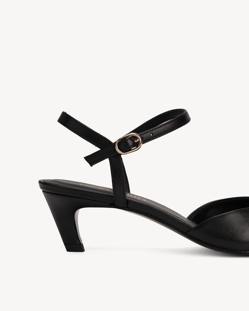 Heel detail of The Claire Kitten Heel Black in Black smooth leather. Sizes 5–12, wide available