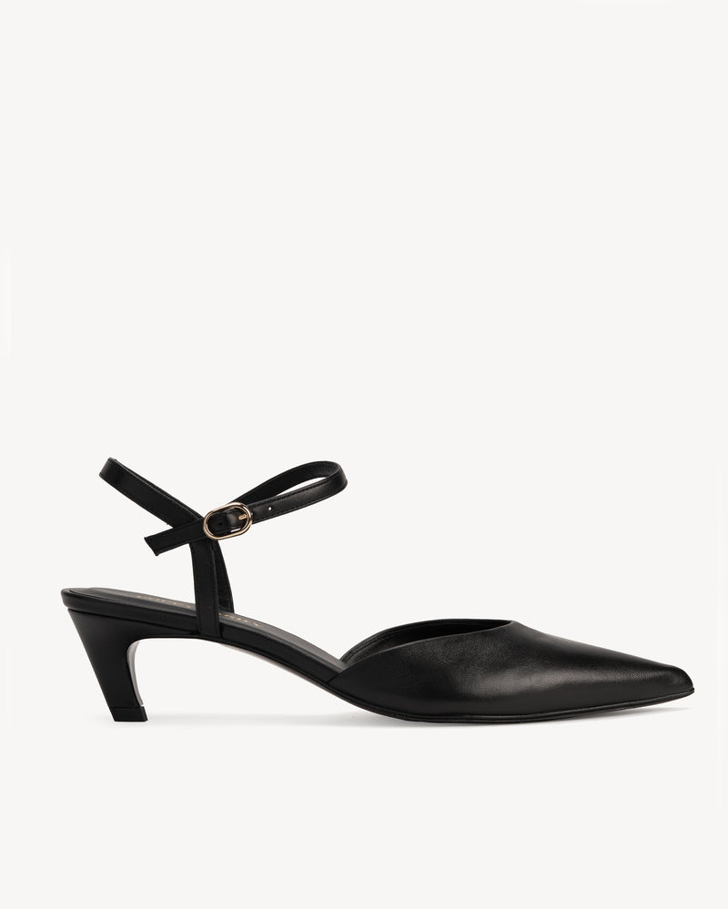 Heel detail of The Claire Kitten Heel Black in Black smooth leather. Sizes 5–12, wide available