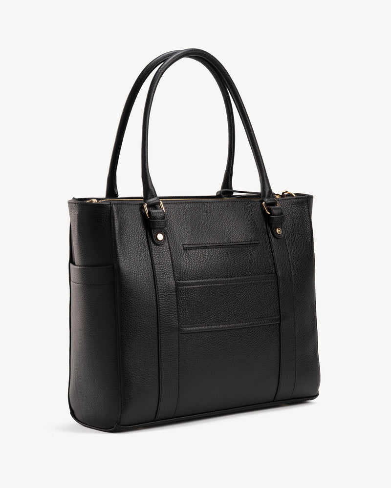 Angled view of The Colleague Tote Black in leather