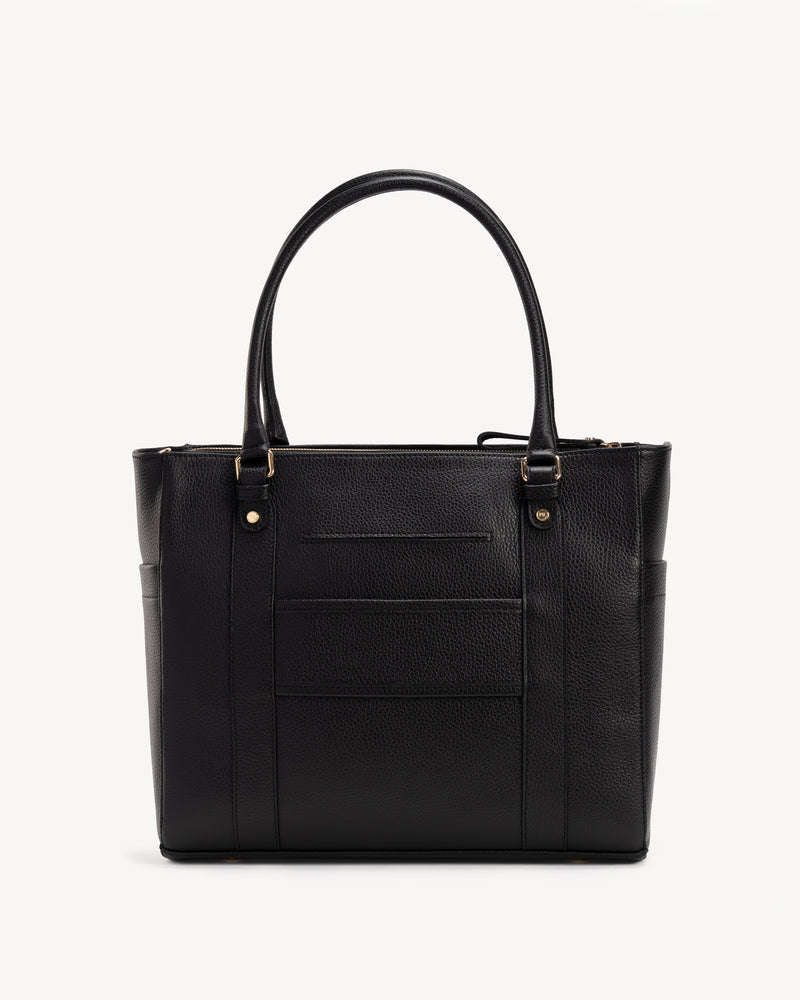 Back view of The Colleague Tote Black in leather