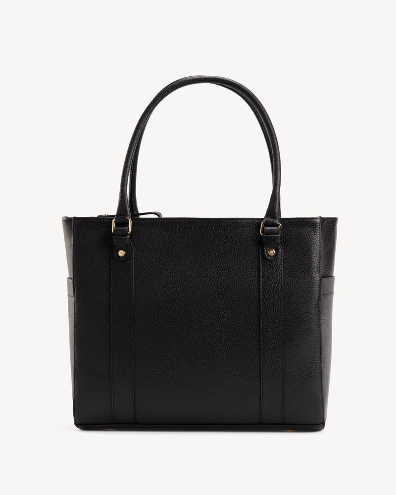 Front view of The Colleague Tote Black in leather