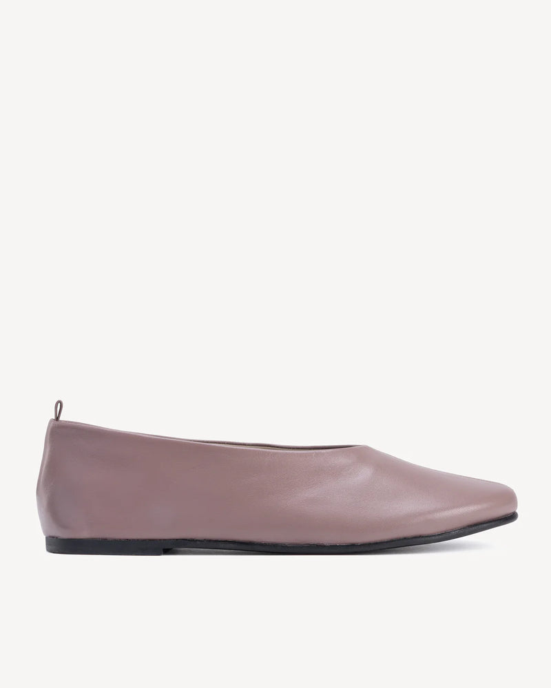 Side view of The Contemporary Ballet Flat Ceramic in Purple, Neutral smooth leather. Sizes 5–12