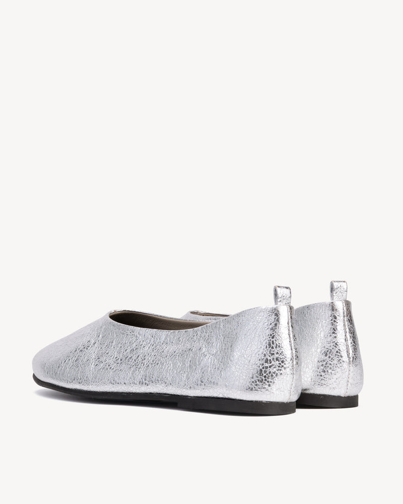 Back view of The Contemporary Ballet Flat Silver in Metallic leather. Sizes 5–12