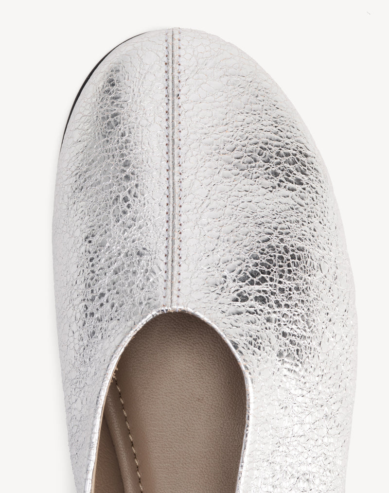 Close-up detail of The Contemporary Ballet Flat Silver in Metallic leather. Sizes 5–12