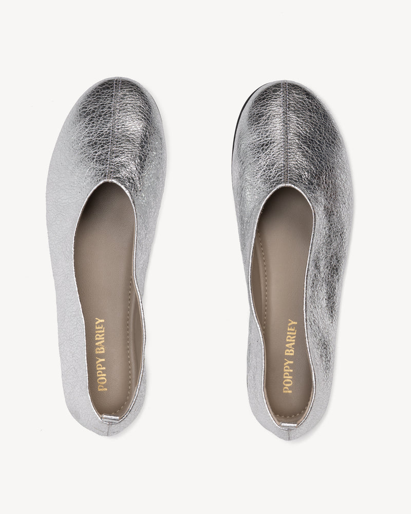 Top view of The Contemporary Ballet Flat Silver in Metallic leather. Sizes 5–12