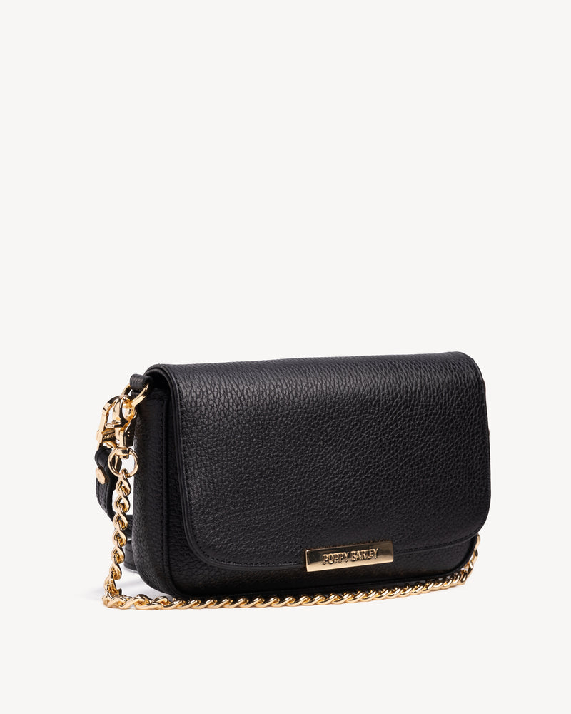 Angled view of The Day To Night Bag Black Pebble in pebbled leather