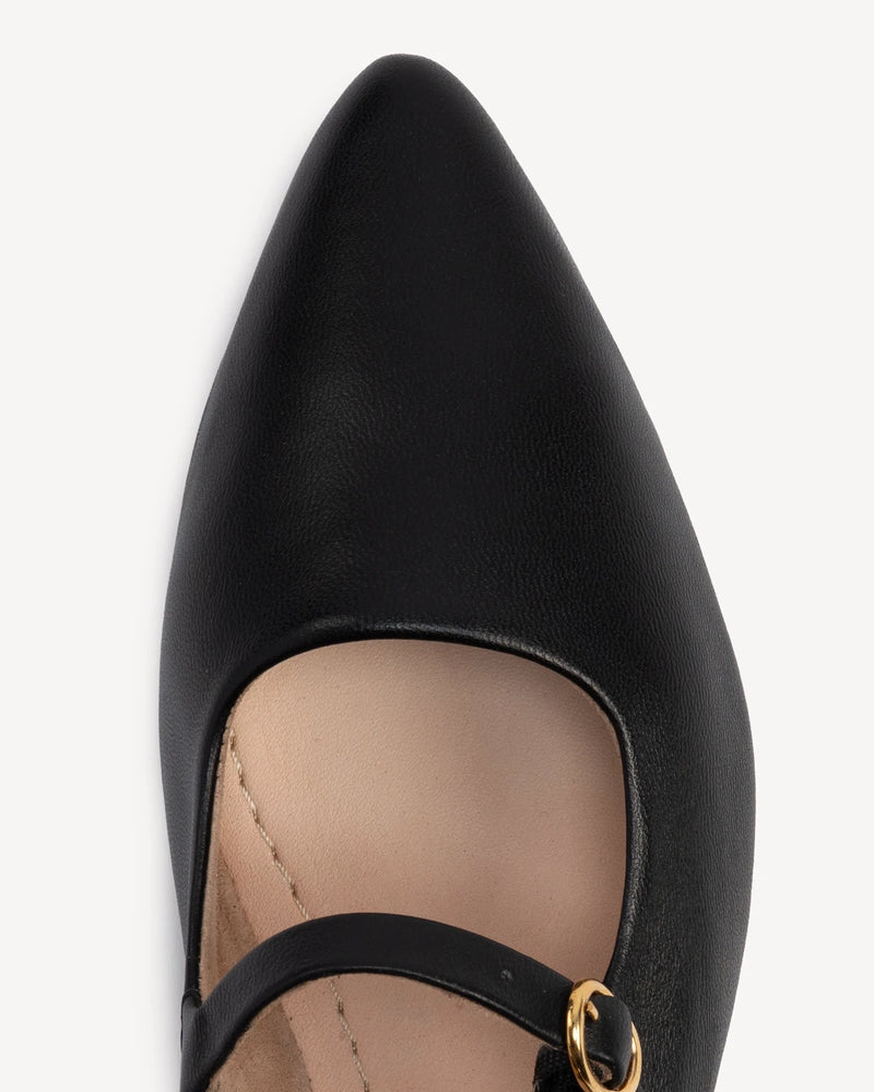 Close-up of toe and buckle strap detail. The Editorial Mary Jane 2.0 Black. Sizes 5–12, wide available.