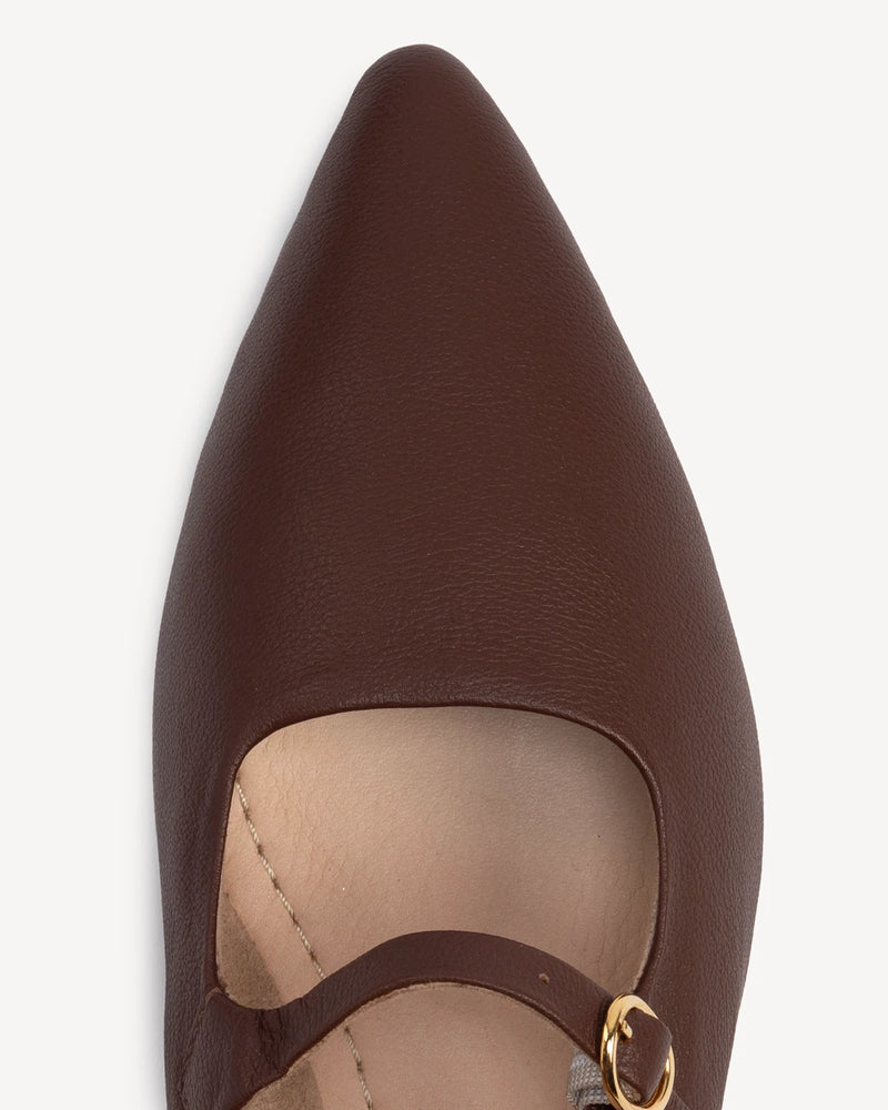 Close-up of toe and buckle strap detail. The Editorial Mary Jane 2.0 French Press. Sizes 5–12, wide available.
