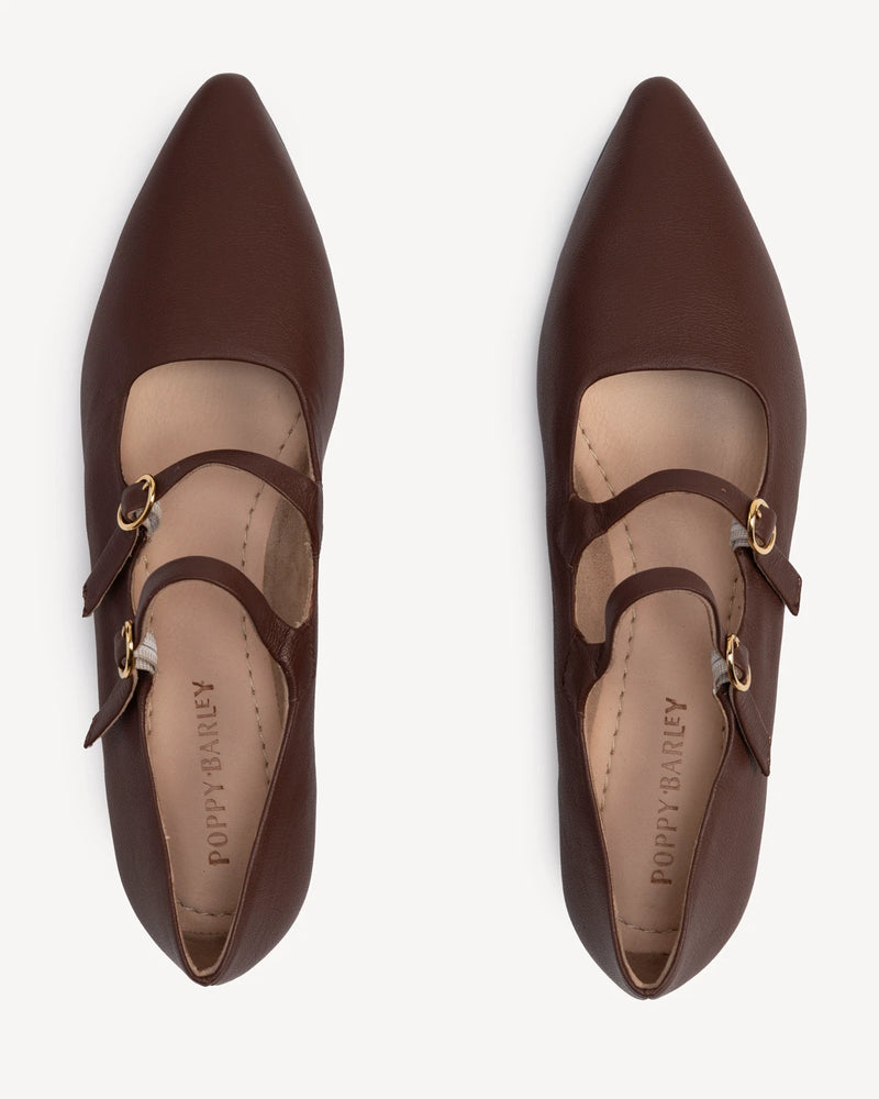 Overhead view of pointed-toe flats, double straps. The Editorial Mary Jane 2.0 French Press. Sizes 5–12, wide available.