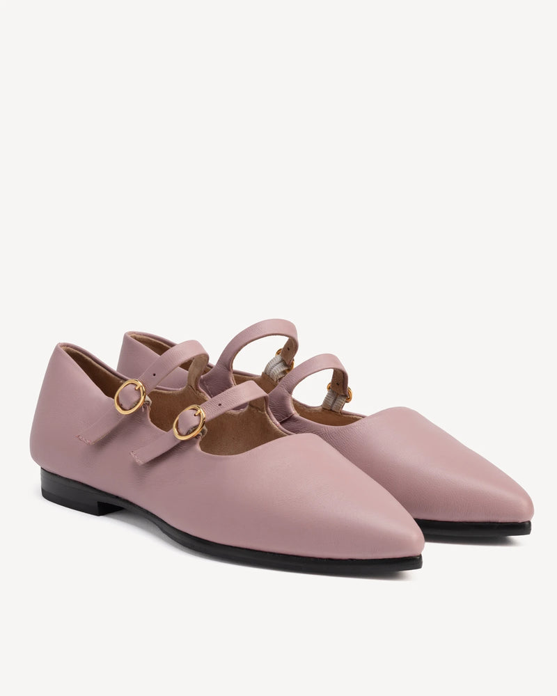 Angled pointed-toe flats with two buckle straps. The Editorial Mary Jane 2.0 Dusty Mauve. Sizes 5–12.