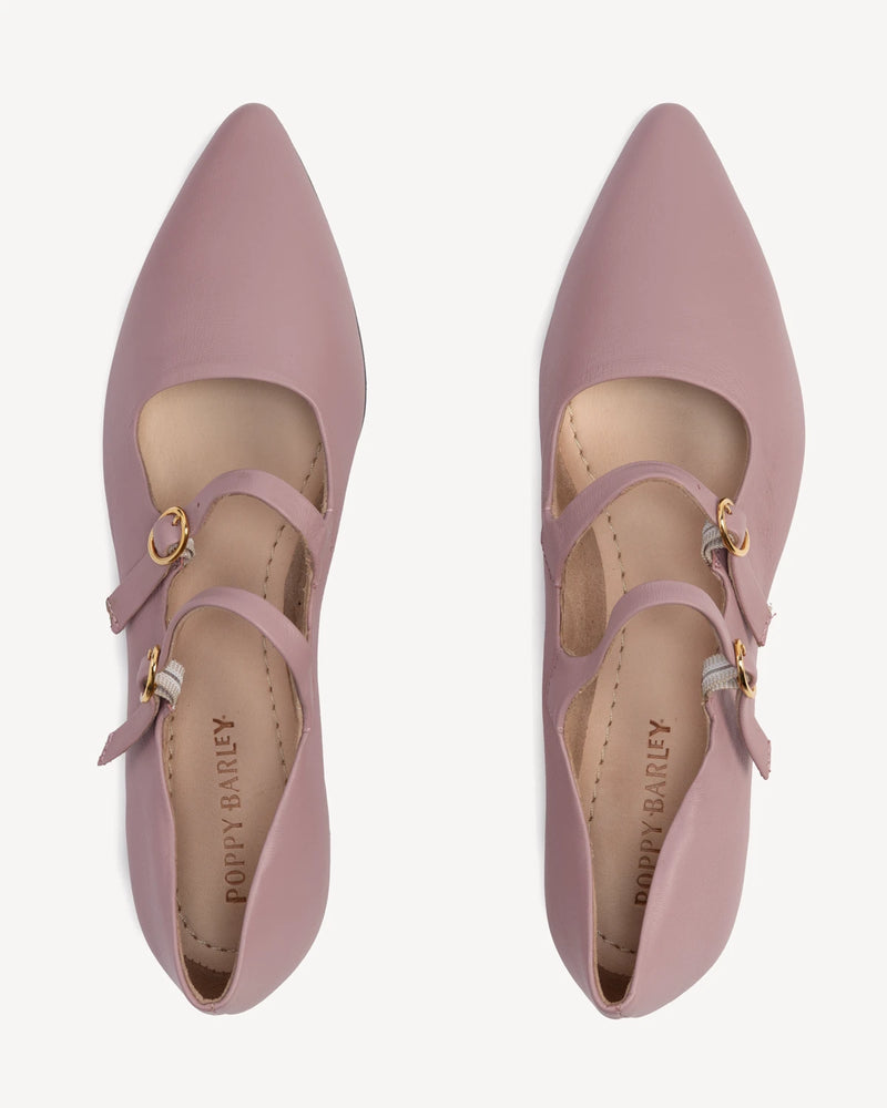 Overhead view of pointed-toe flats, double straps. The Editorial Mary Jane 2.0 Dusty Mauve. Sizes 5–12.