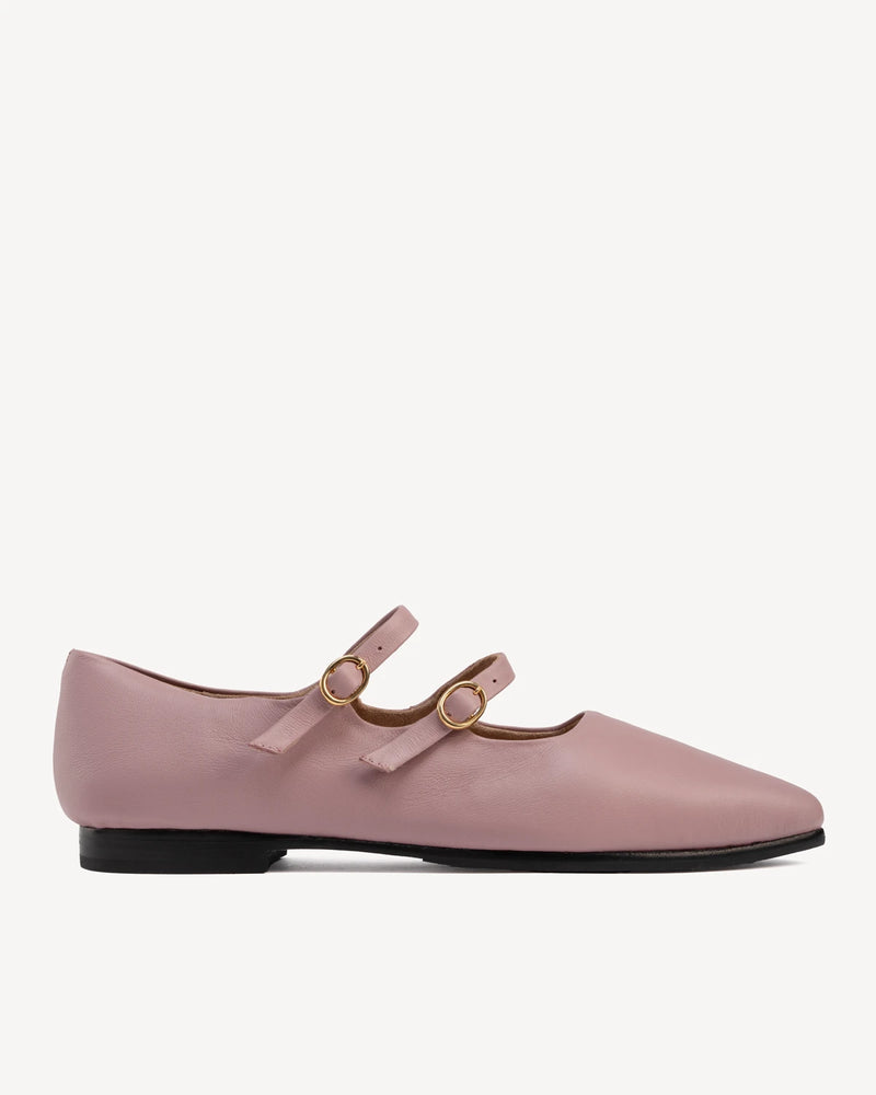 Pointed-toe flat with two thin buckle straps. The Editorial Mary Jane 2.0 Dusty Mauve. Sizes 5–12.