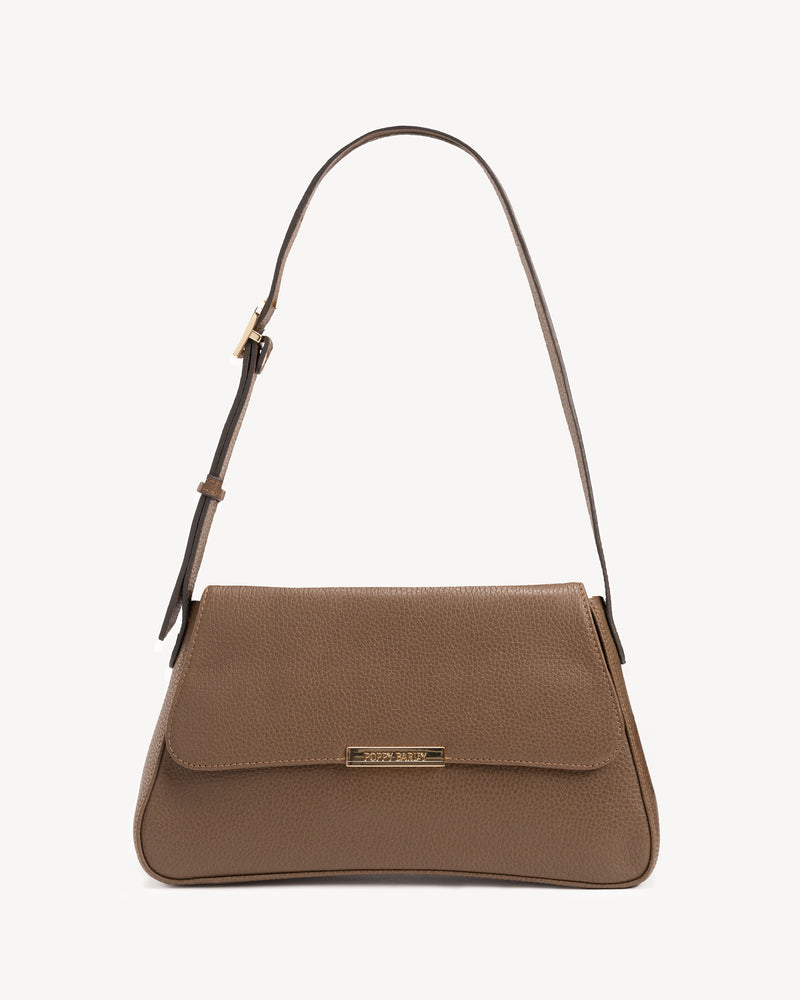 Front view of The High Line Shoulder Bag Tapenade in Green, Brown leather