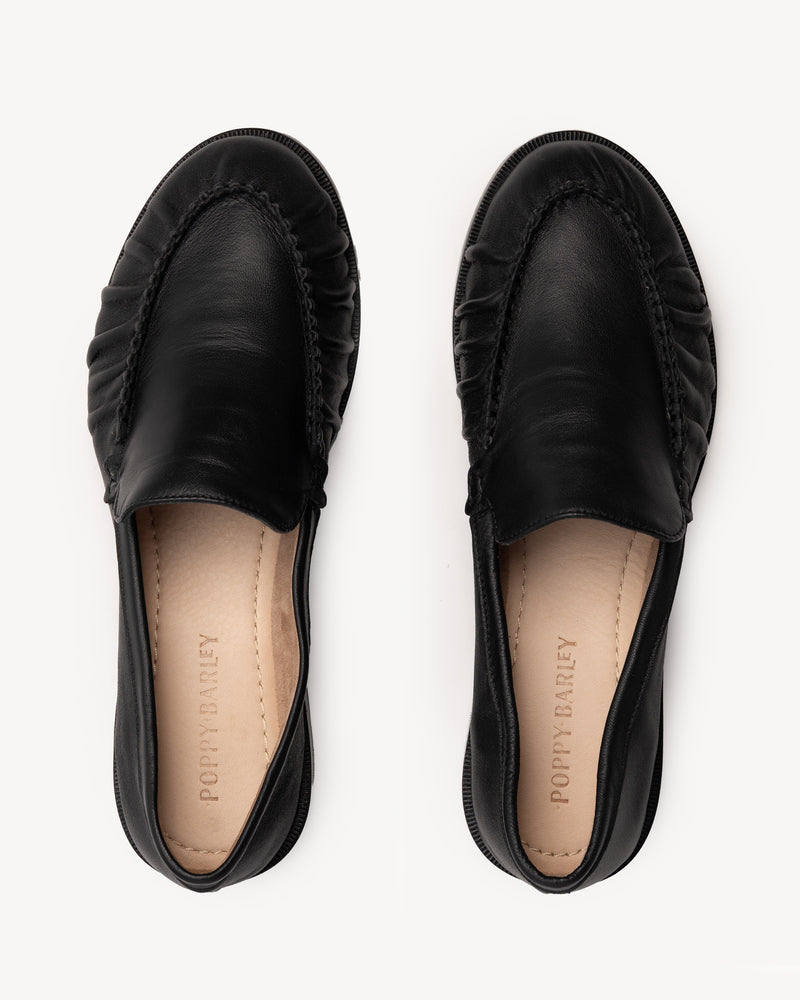 Back view of The Laid Back Loafer Black in smooth leather. Sizes 5–12, wide available