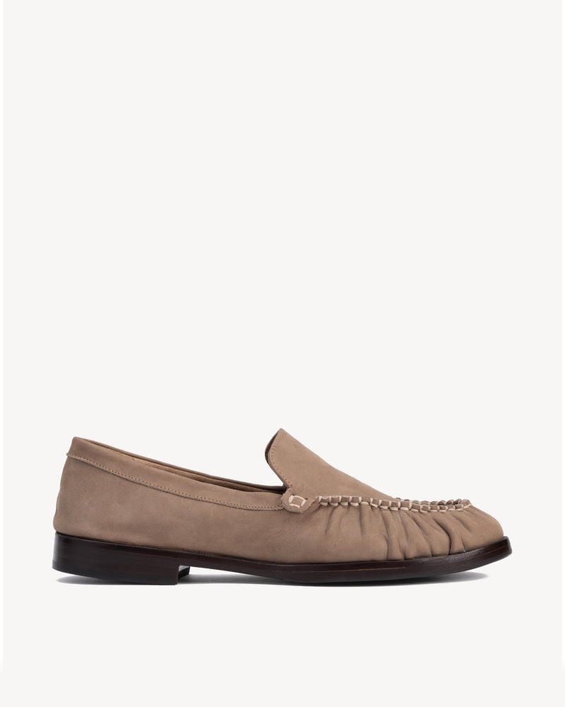 Back view of The Laid Back Loafer Clay Nubuck in Brown, Neutral nubuck. Sizes 5–12, wide available