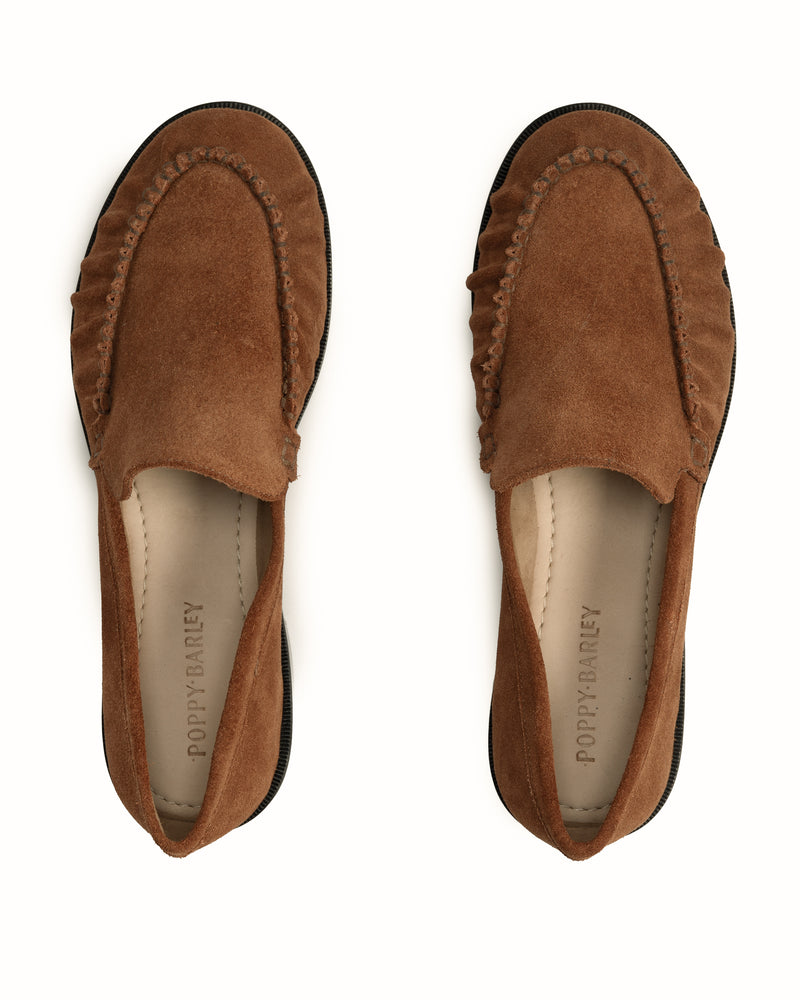 Back view of The Laid Back Loafer Hazelnut Suede in Brown suede. Sizes 5–12, wide available