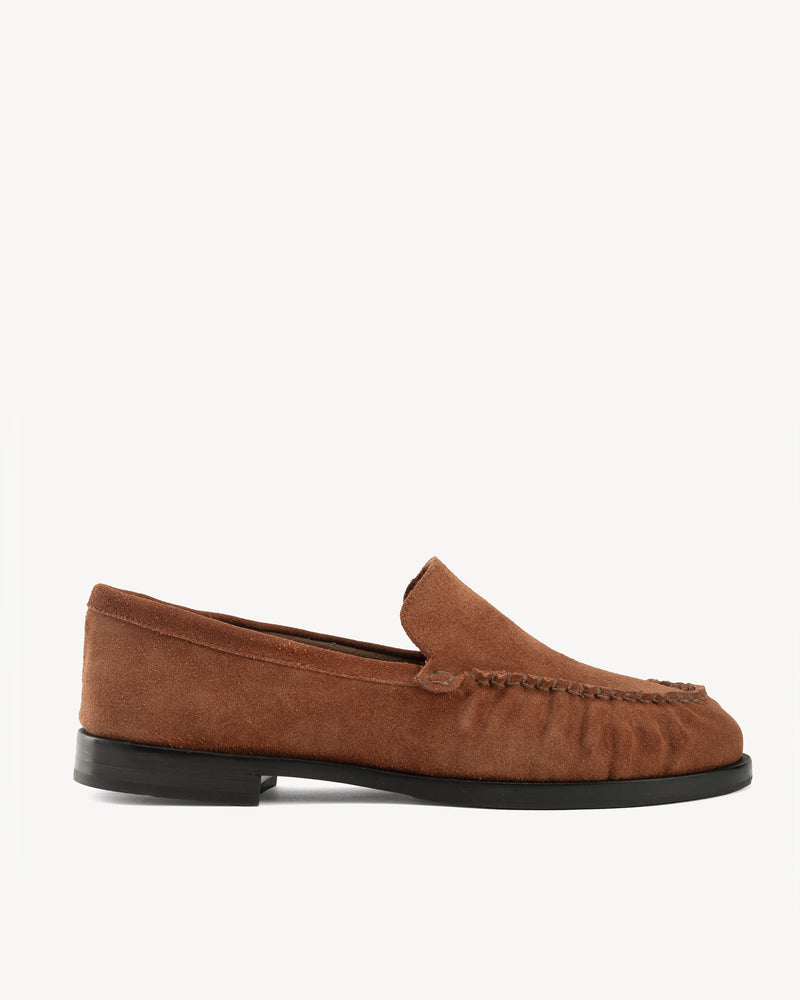 Back view of The Laid Back Loafer Hazelnut Suede in Brown suede. Sizes 5–12, wide available