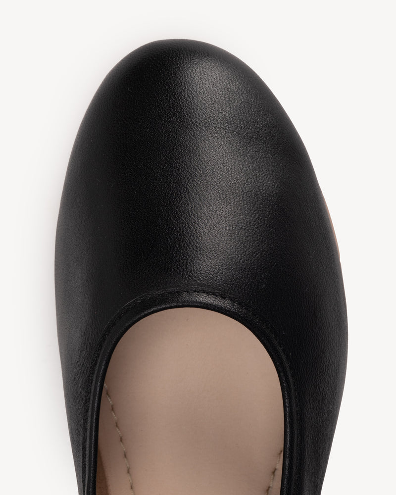 Close-up detail of The Modern-Day Mary Jane Black in smooth leather. Sizes 5–12, wide available