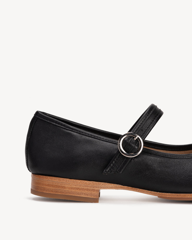 Close-up detail of The Modern-Day Mary Jane Black in smooth leather. Sizes 5–12, wide available
