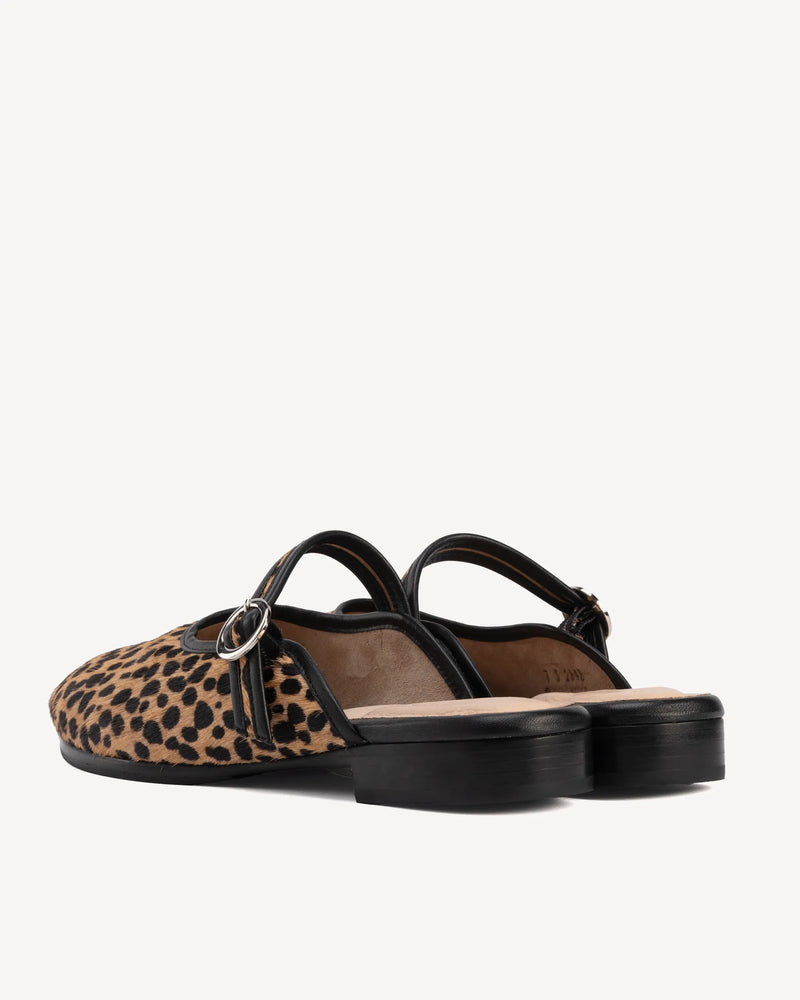 Back view of The Modern-Day Mule Cheetah Calf Hair in Animal Print leather. Sizes 5–12