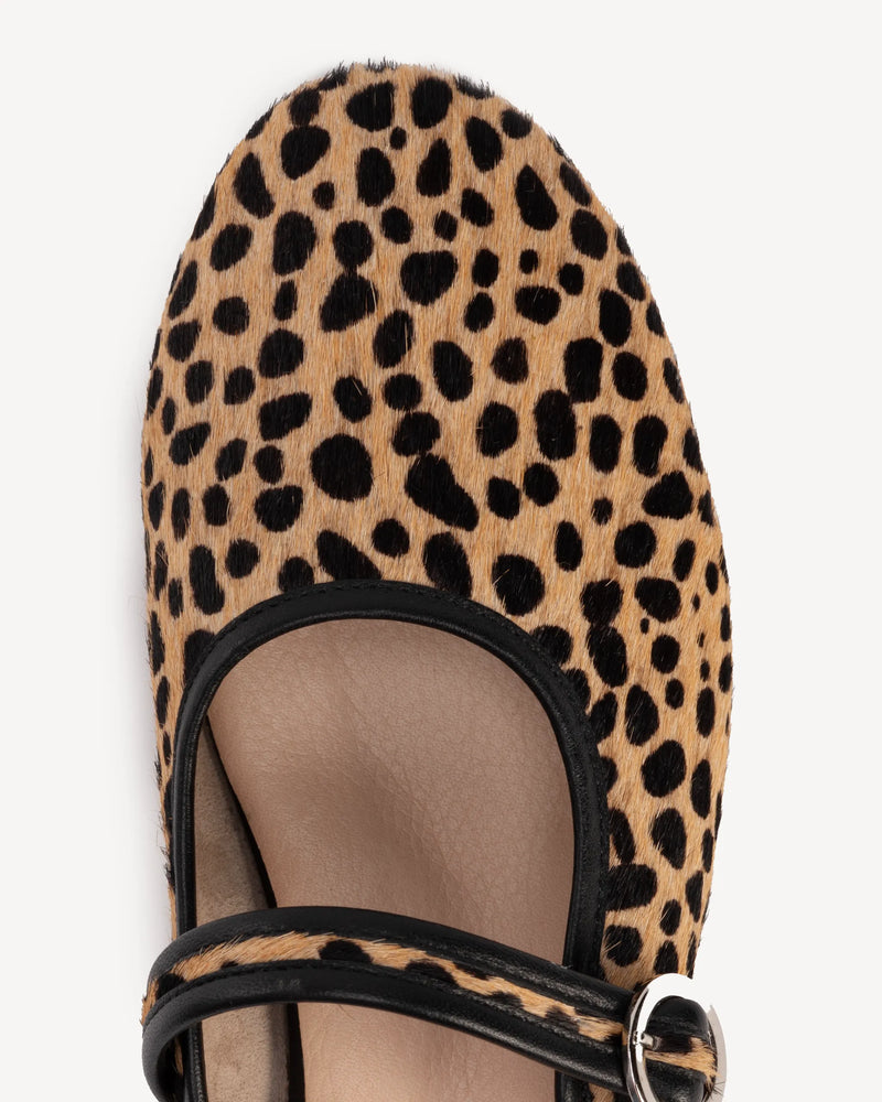 Close-up detail of The Modern-Day Mule Cheetah Calf Hair in Animal Print leather. Sizes 5–12