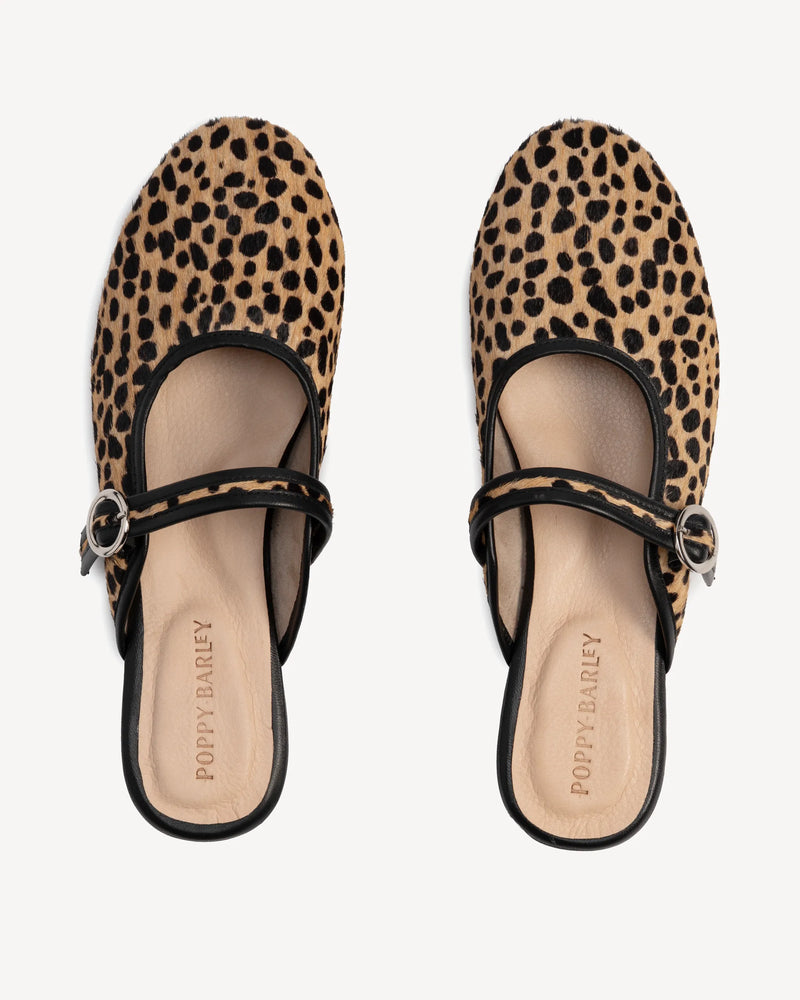 Top view of The Modern-Day Mule Cheetah Calf Hair in Animal Print leather. Sizes 5–12