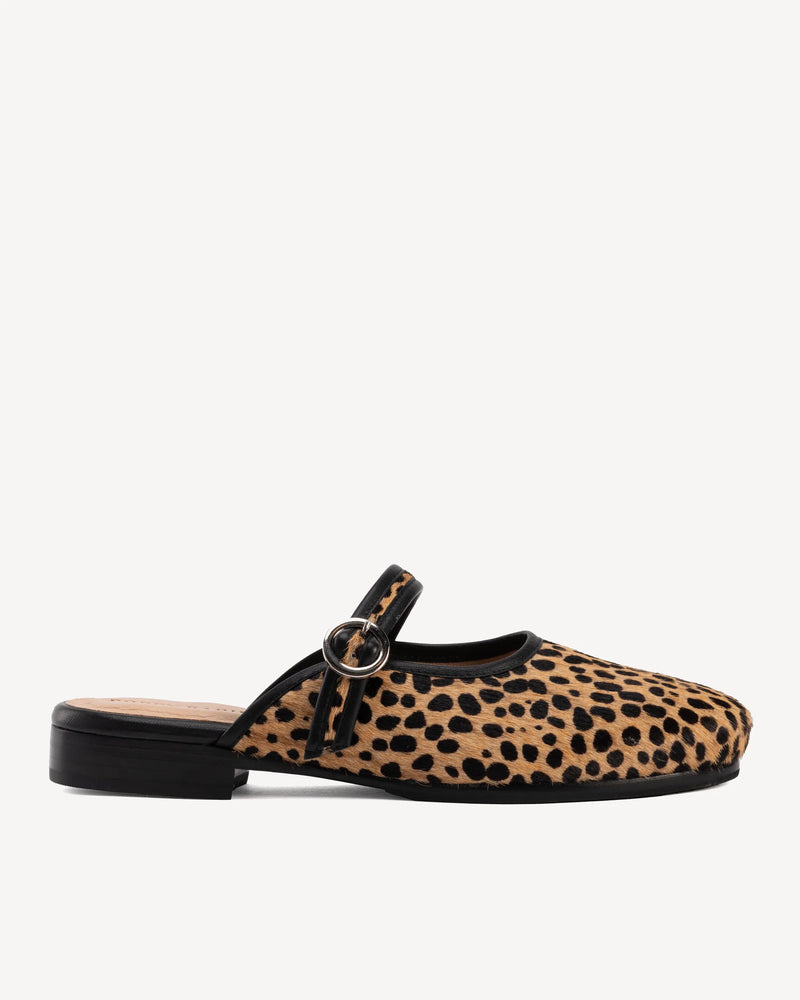 Side view of The Modern-Day Mule Cheetah Calf Hair in Animal Print leather. Sizes 5–12
